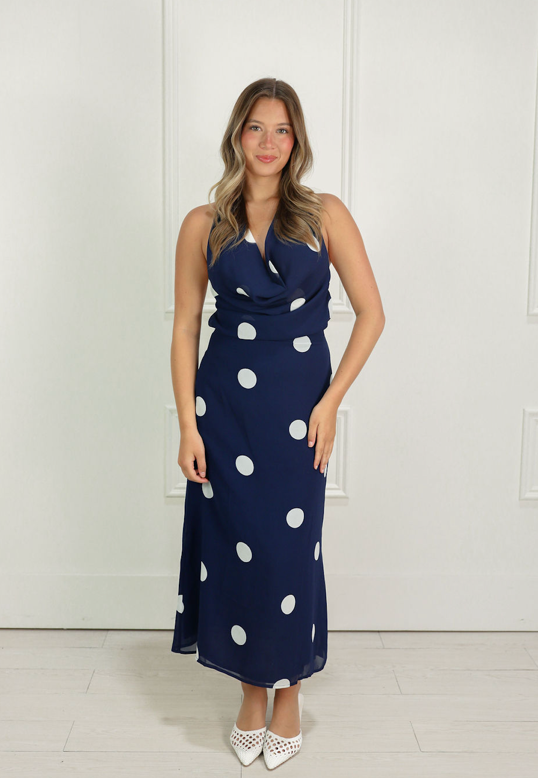 Navy Polka Dot Cowl Midi Dress