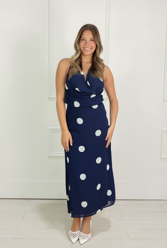 Navy Polka Dot Cowl Midi Dress