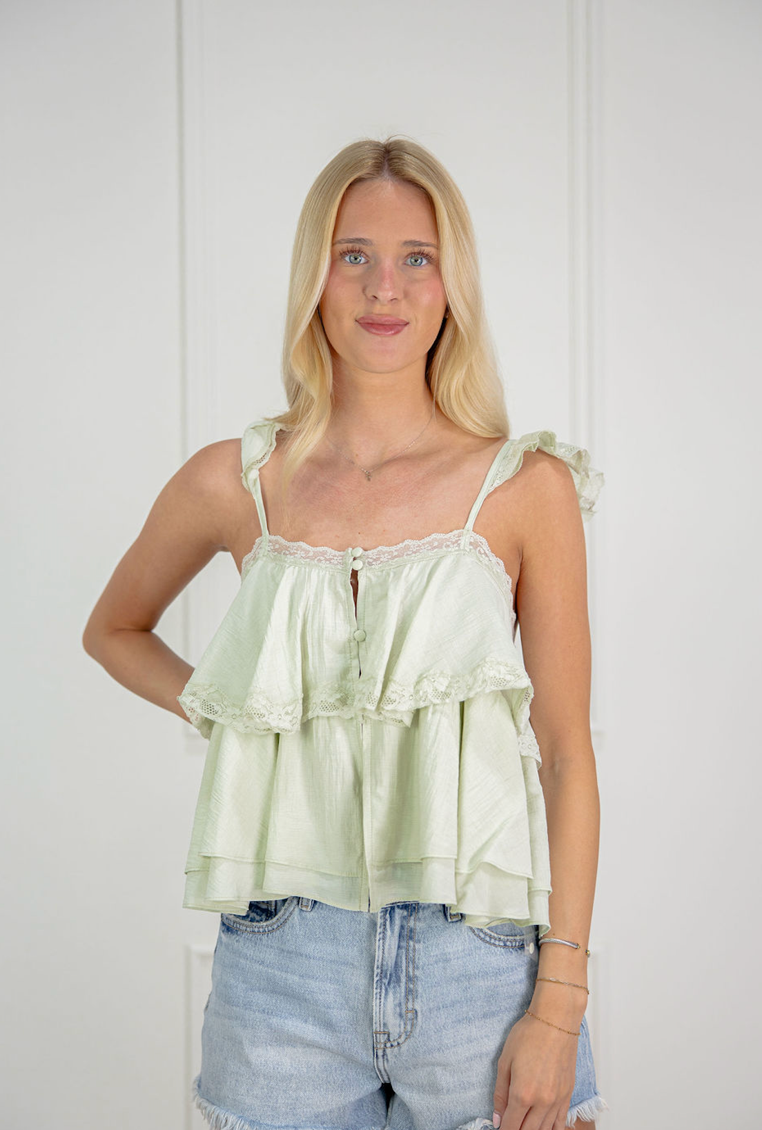 Lace Trim Ruffle Tier Top Mint