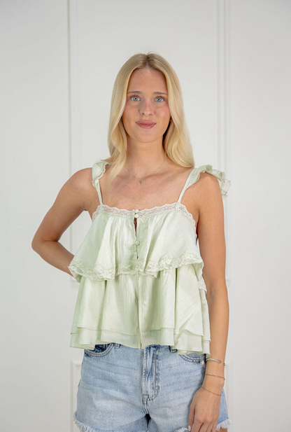 Lace Trim Ruffle Tier Top Mint - Clothe Boutique