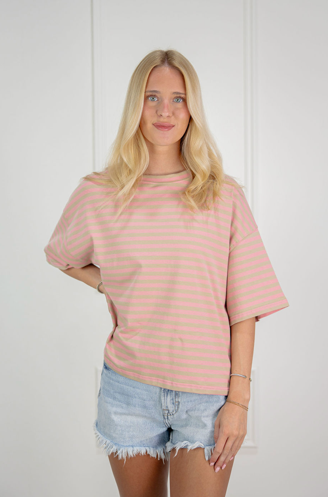 Oversized Boyfriend Stripe Tee Tan/Pink