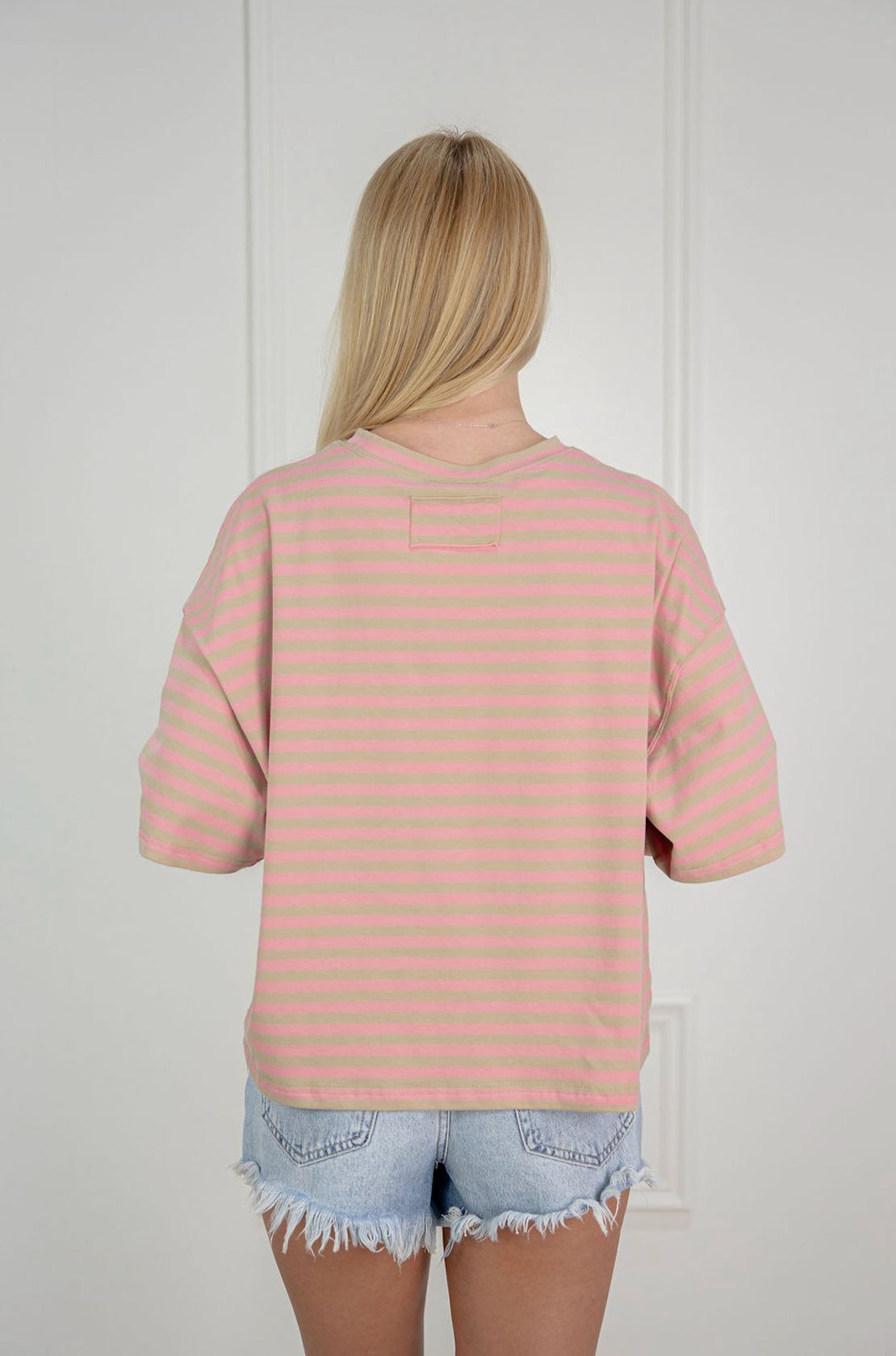 Oversized Boyfriend Stripe Tee Tan/Pink