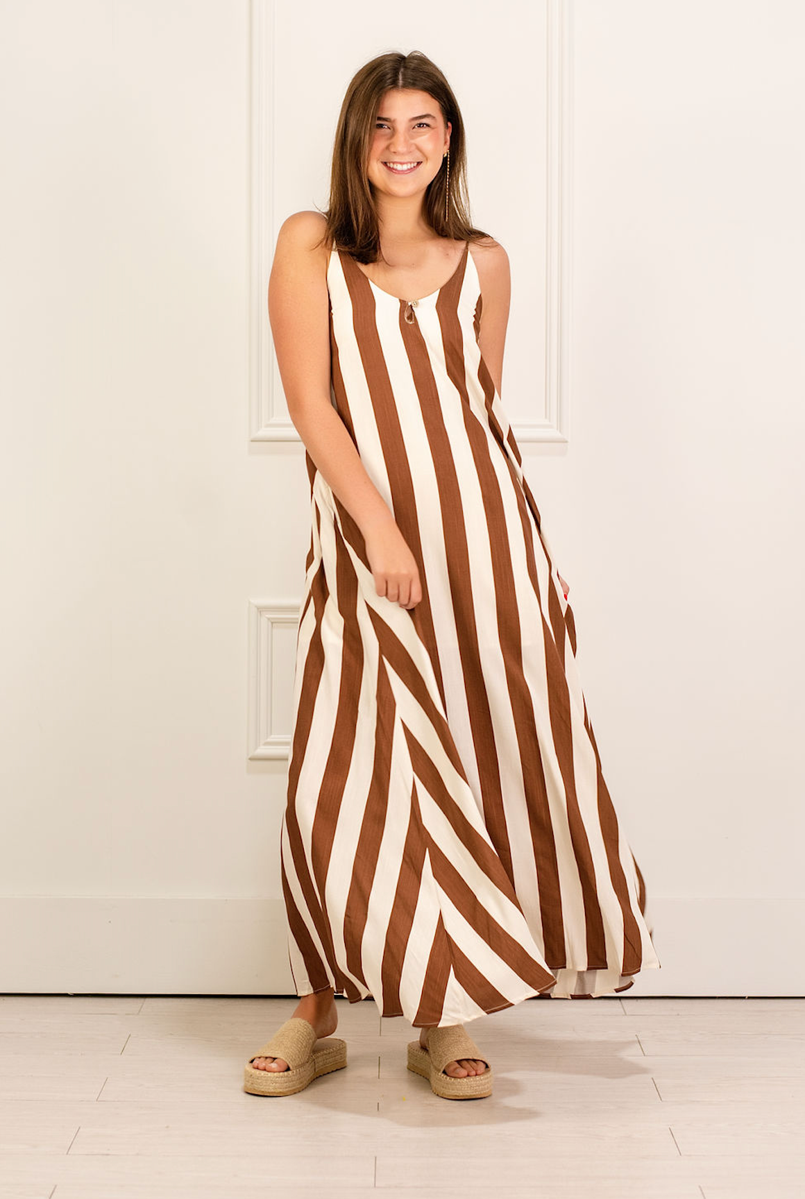 Stripe Open Back Maxi Dress Brown/White