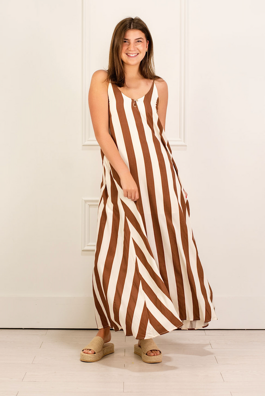 Stripe Open Back Maxi Dress Brown/White