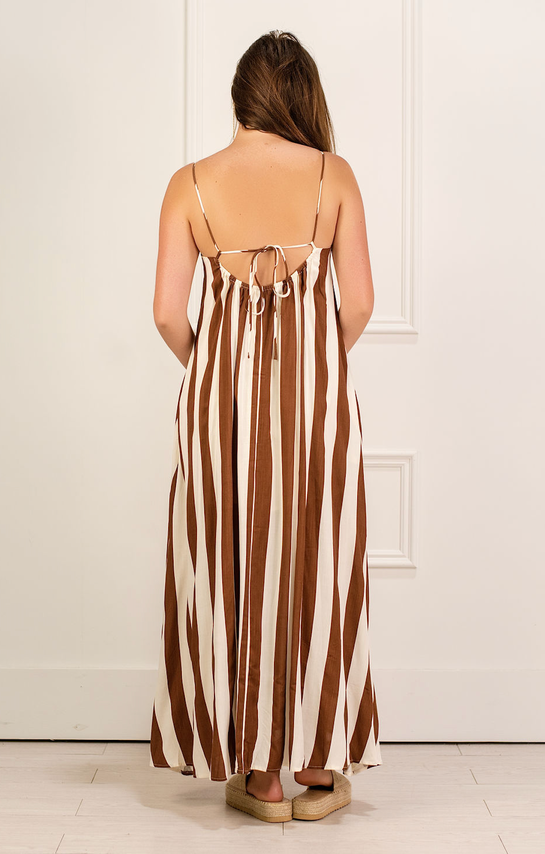 Stripe Open Back Maxi Dress Brown/White