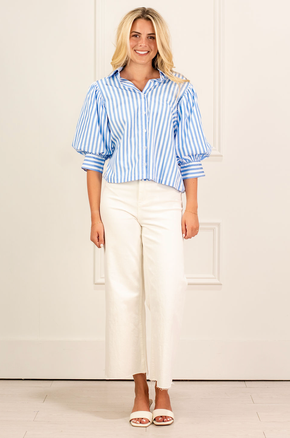 Stripe Puff Sleeve Blouse Blue