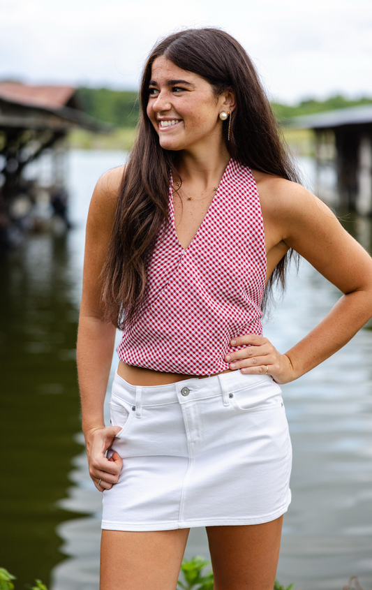 Red Checker Halter Tie Back Top