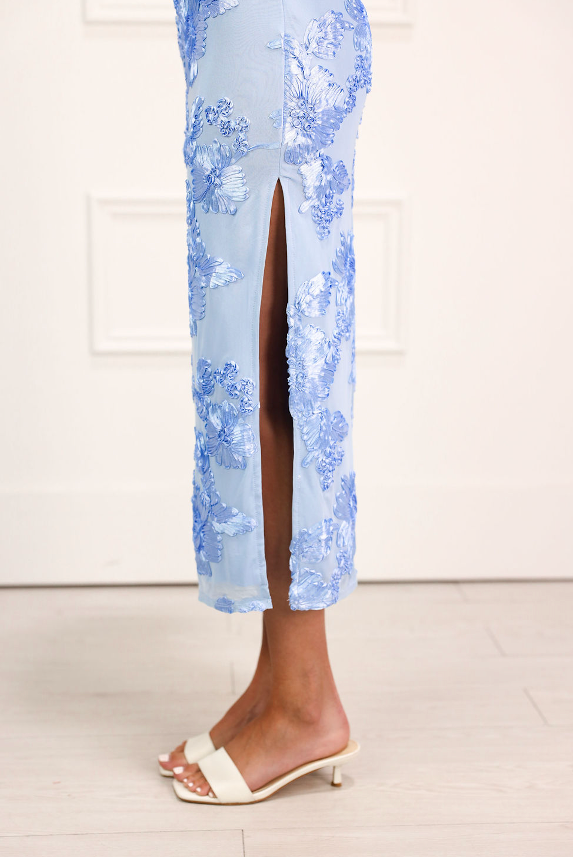 Blue Floral Mesh Midi Dress