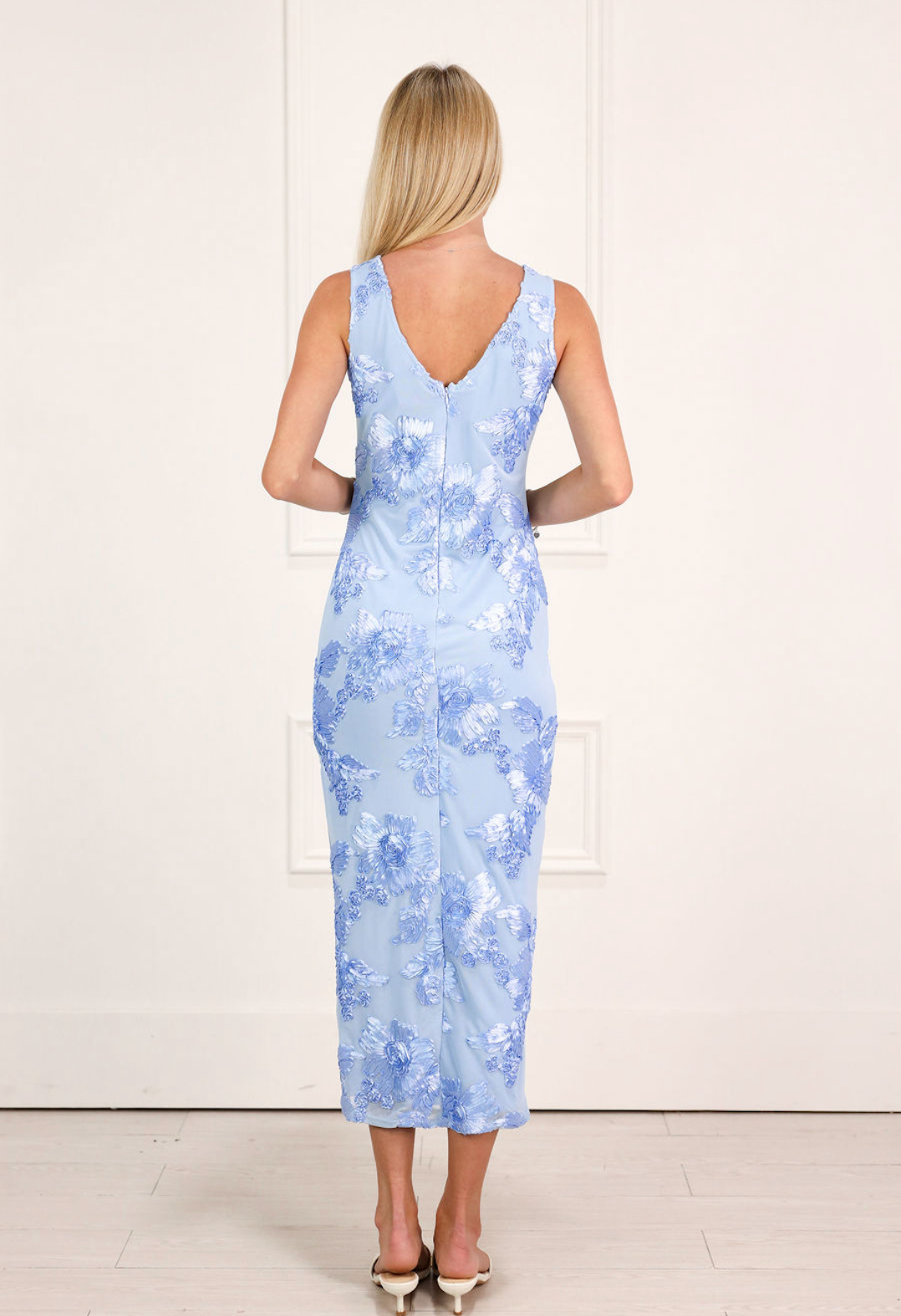 Blue Floral Mesh Midi Dress