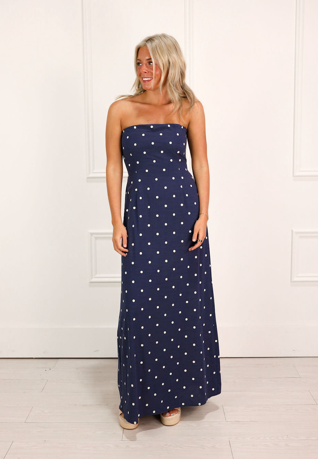 Navy Polka Dot Strapless Maxi Dress