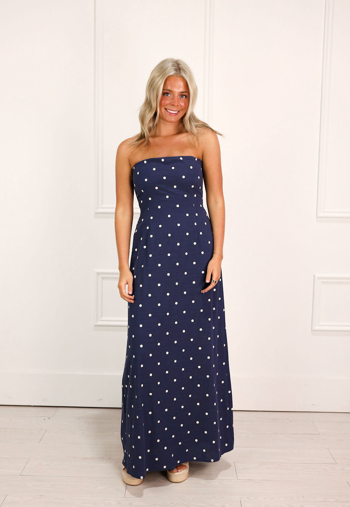Navy Polka Dot Strapless Maxi Dress