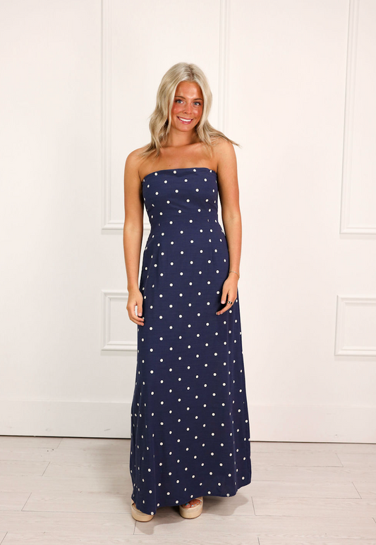 Navy Polka Dot Strapless Maxi Dress
