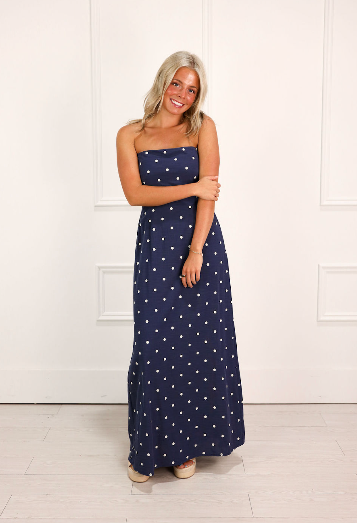 Navy Polka Dot Strapless Maxi Dress