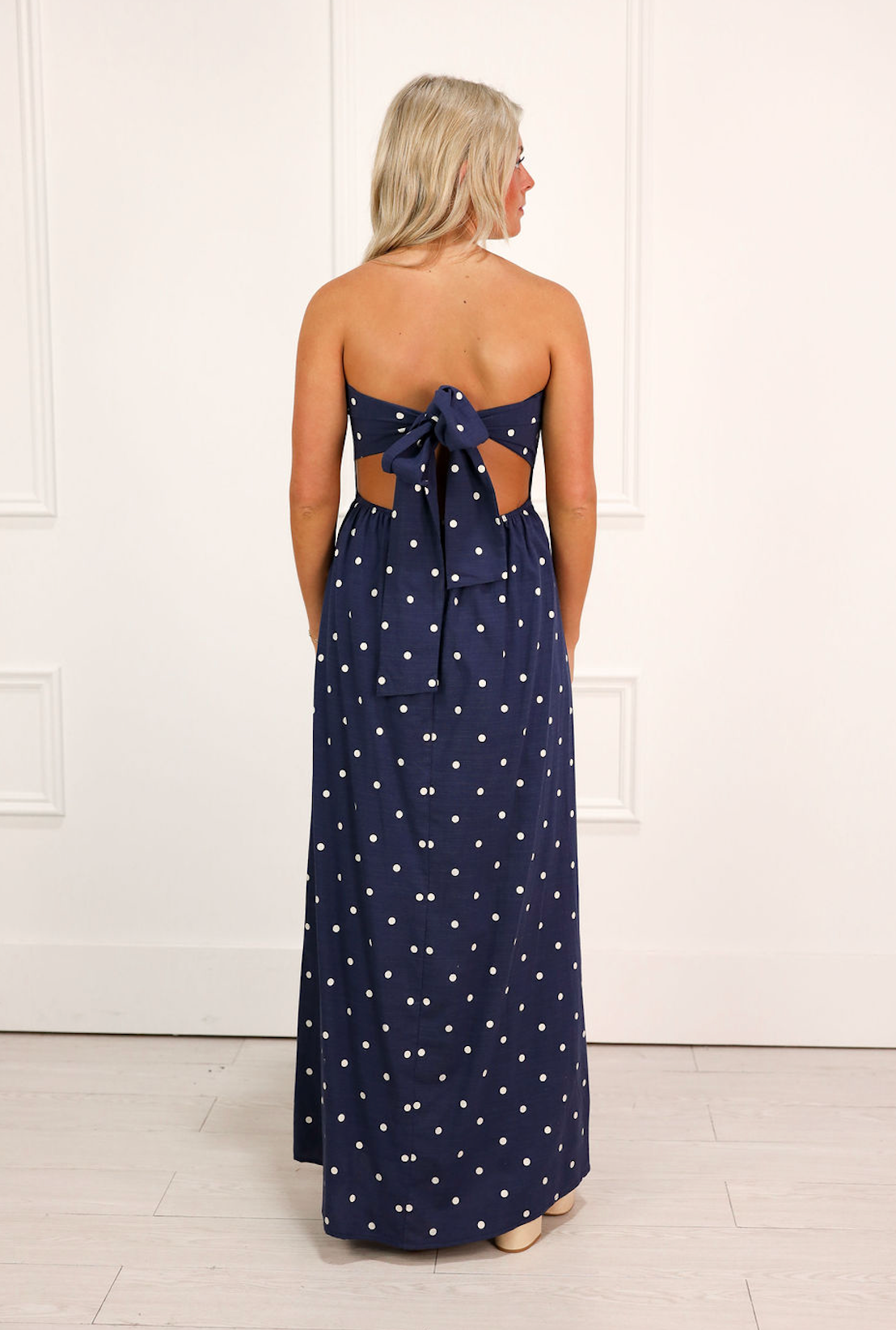 Navy Polka Dot Strapless Maxi Dress