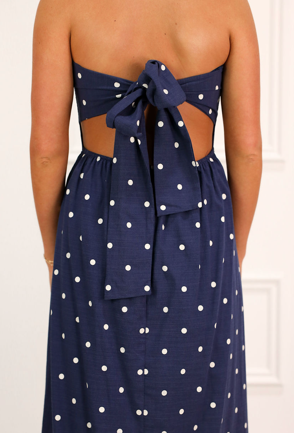 Navy Polka Dot Strapless Maxi Dress