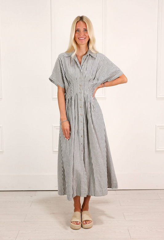 Navy Stripe Collared Shirt Dress