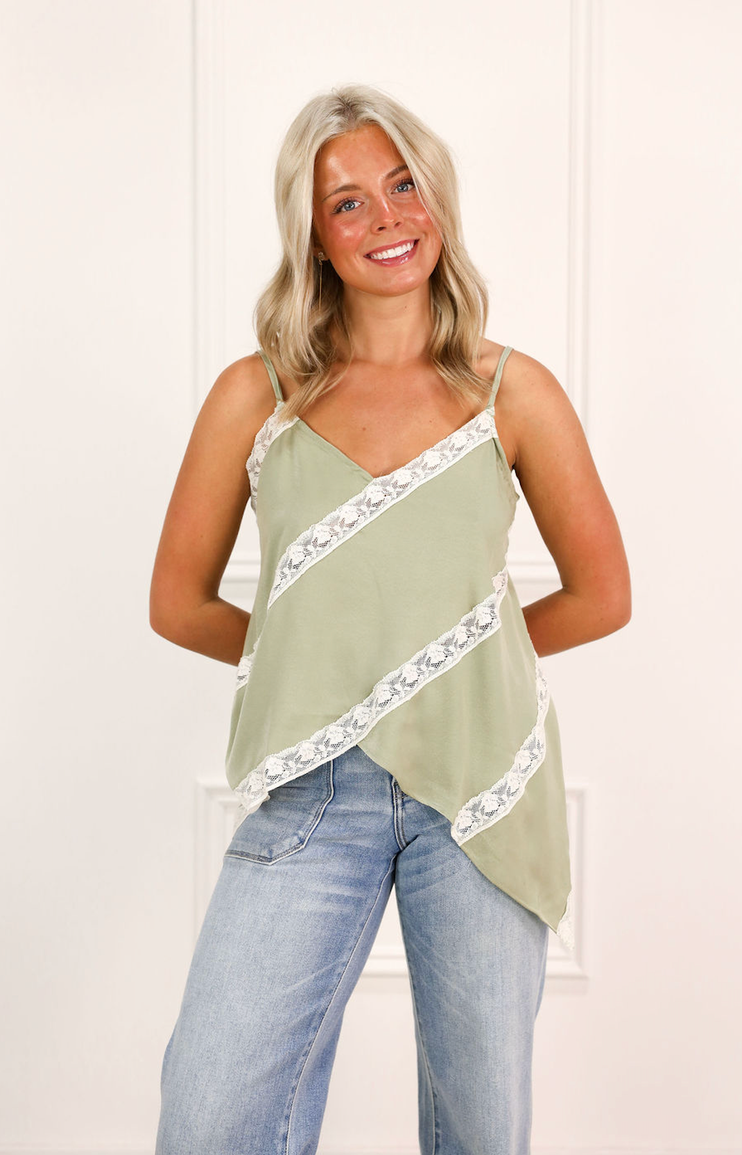 Lace Panel Satin Camisole Green