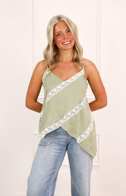 Lace Panel Satin Camisole Green