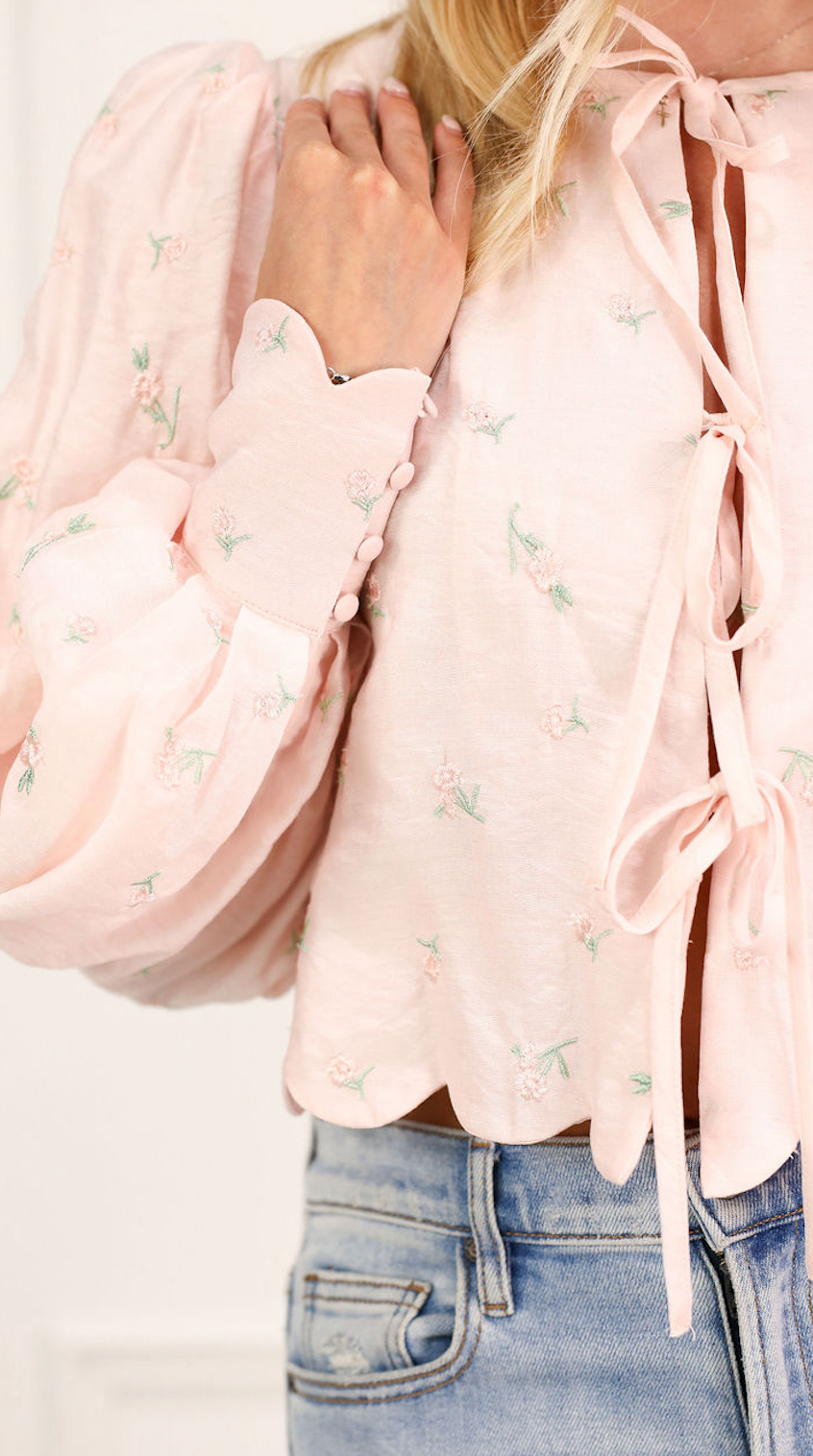 Embroidered Floral Scallop Blouse Pink