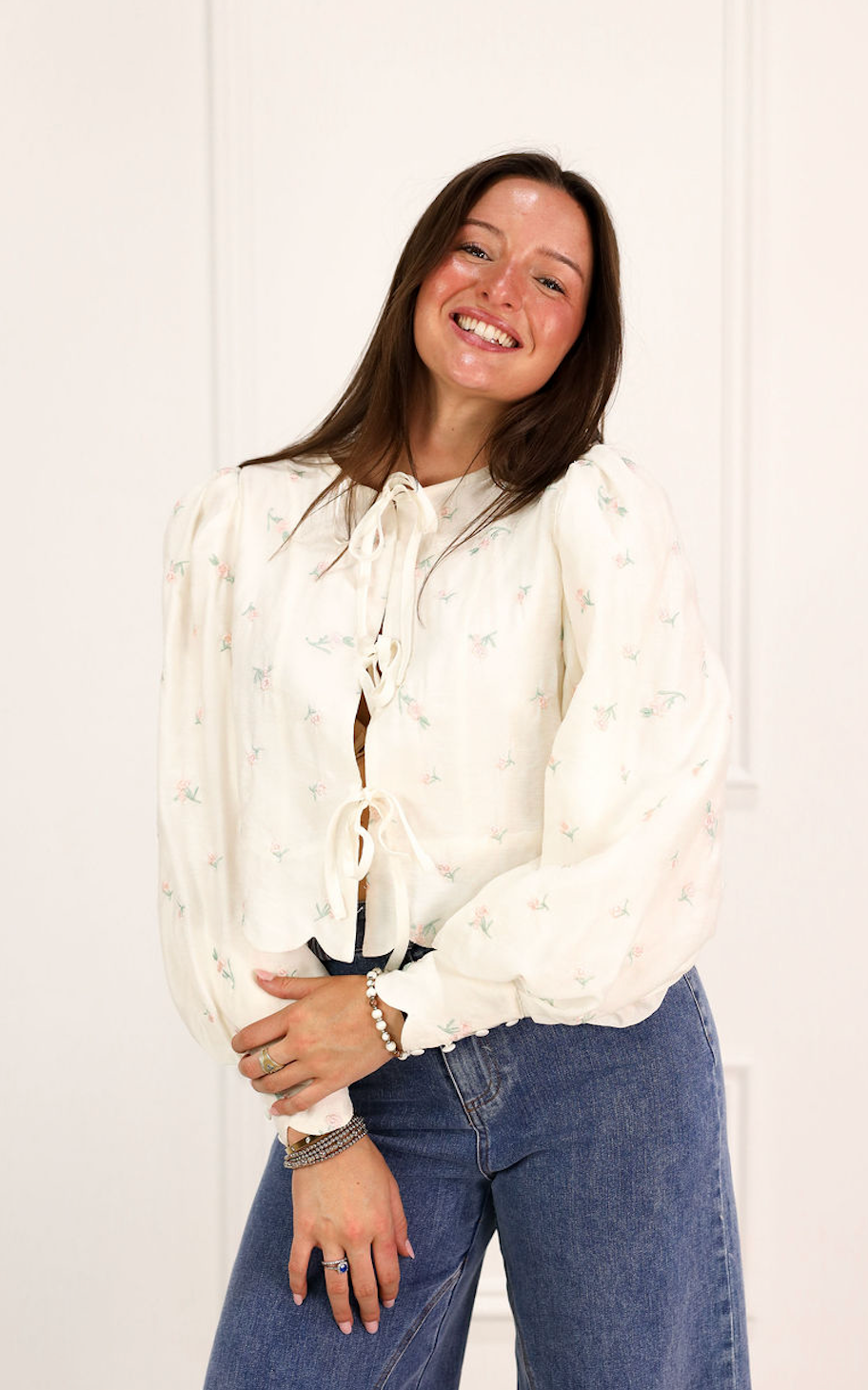 Embroidered Floral Scallop Blouse Butter
