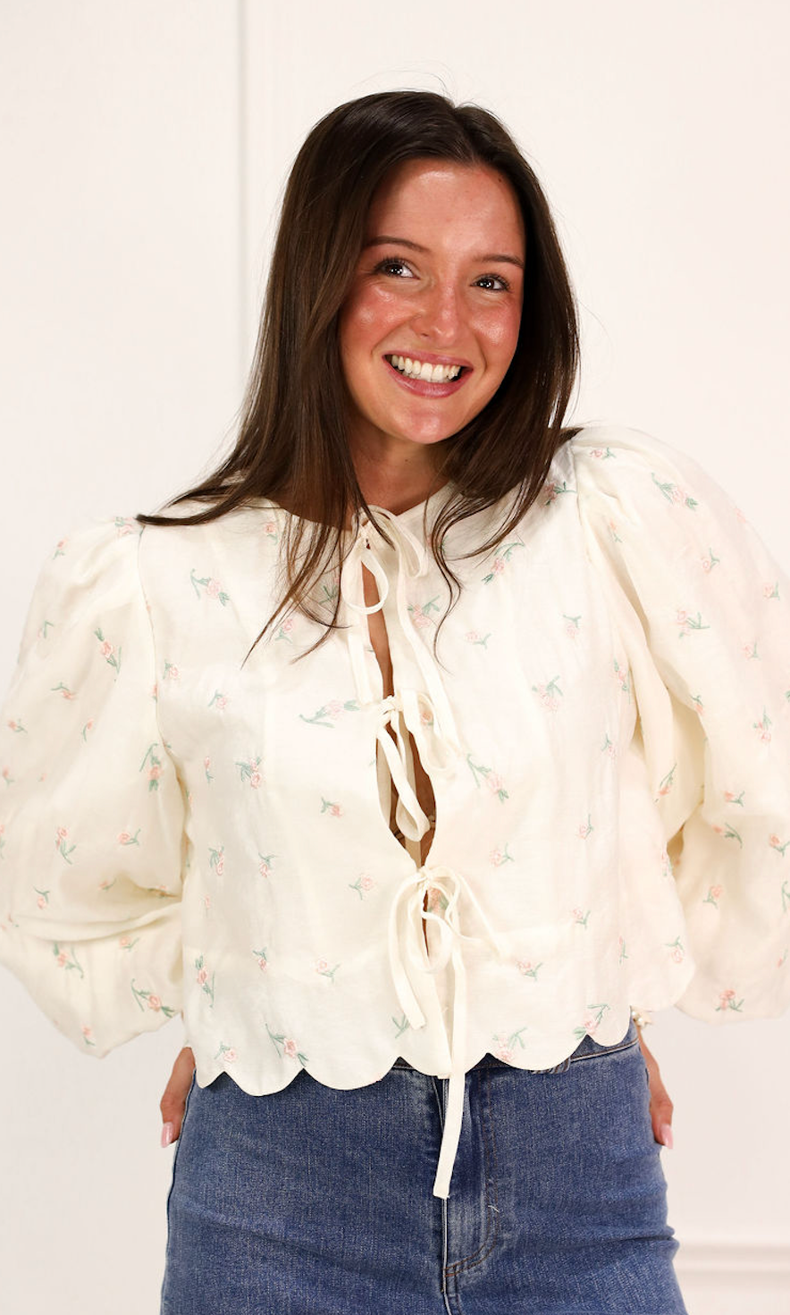 Embroidered Floral Scallop Blouse Butter