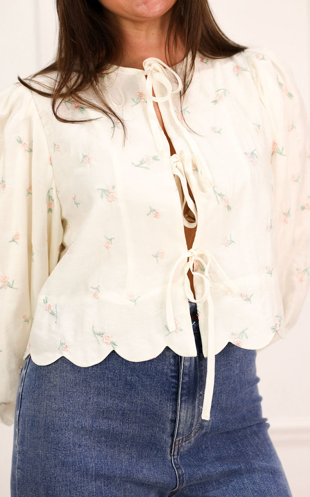 Embroidered Floral Scallop Blouse Butter