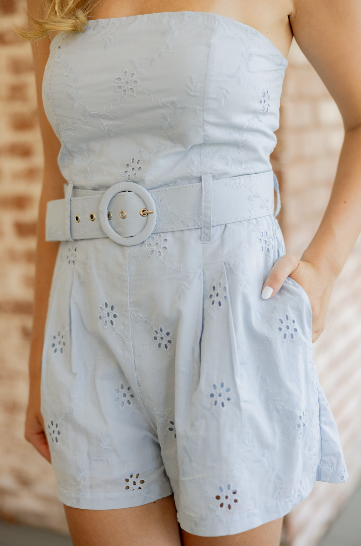 Kaya Strapless Belted Romper Sky