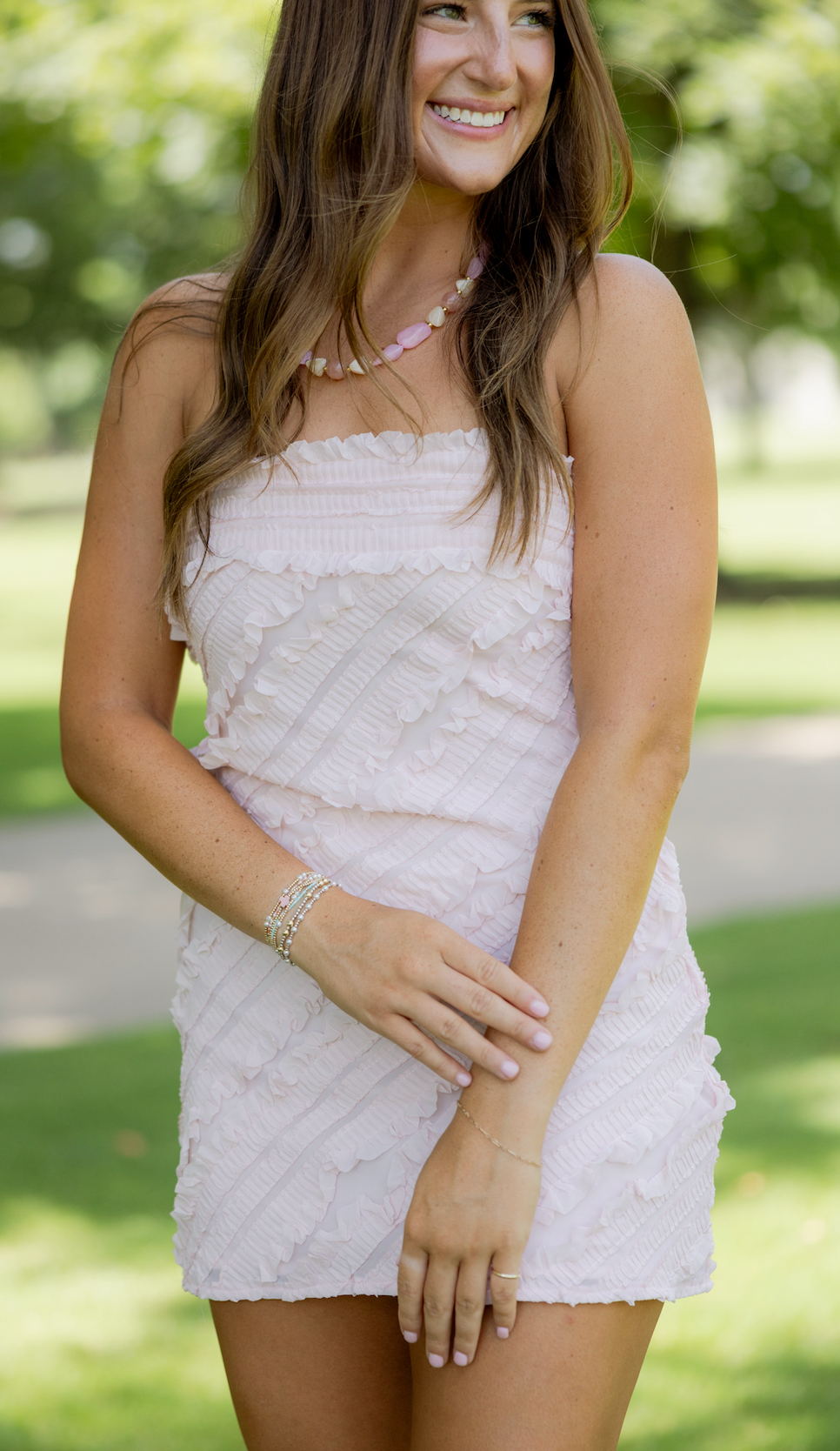 Smocked Ruffle Strapless Dress Pink