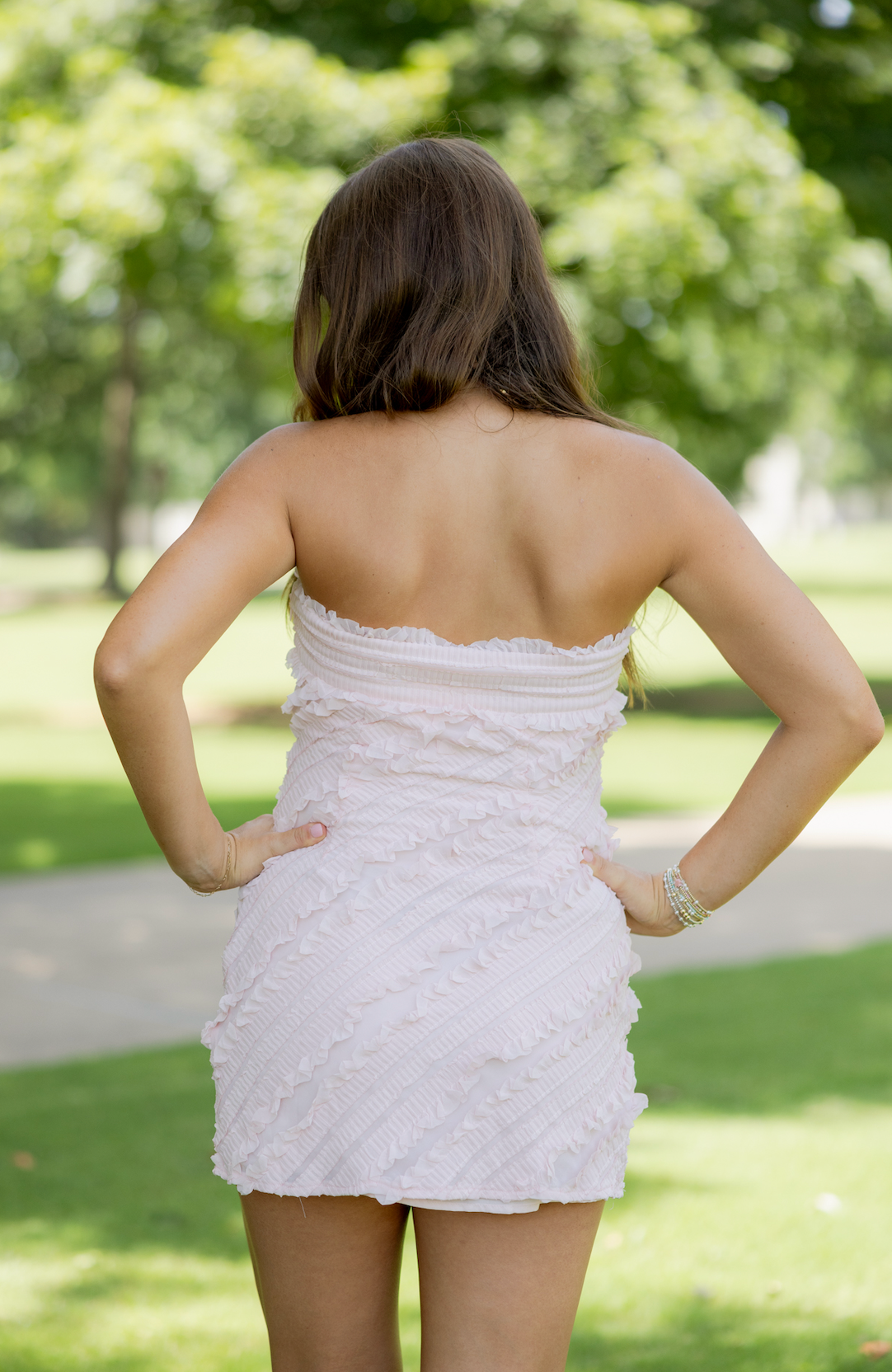 Smocked Ruffle Strapless Dress Pink