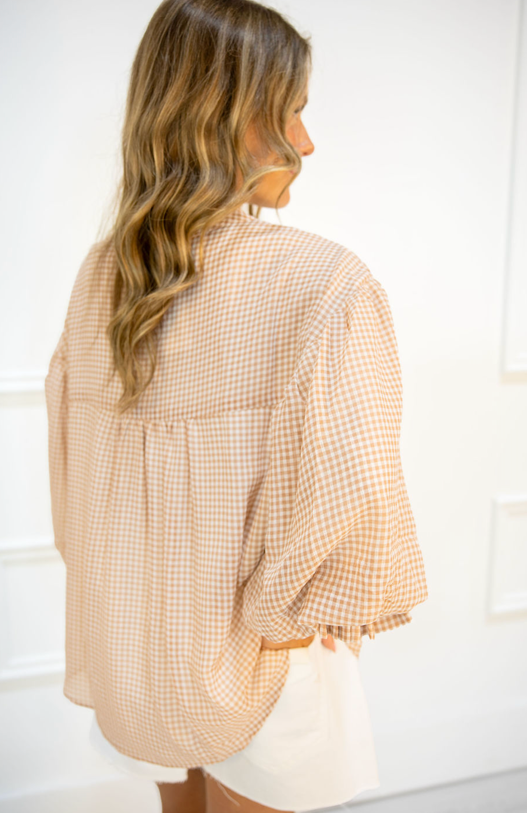 Gingham Buttons Blouse Tan