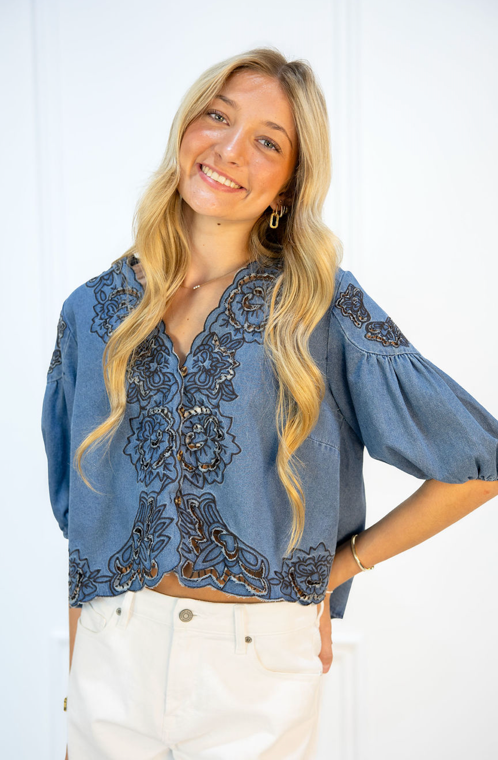 Denim Floral Eyelet Top