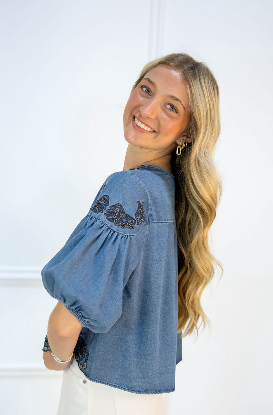 Denim Floral Eyelet Top