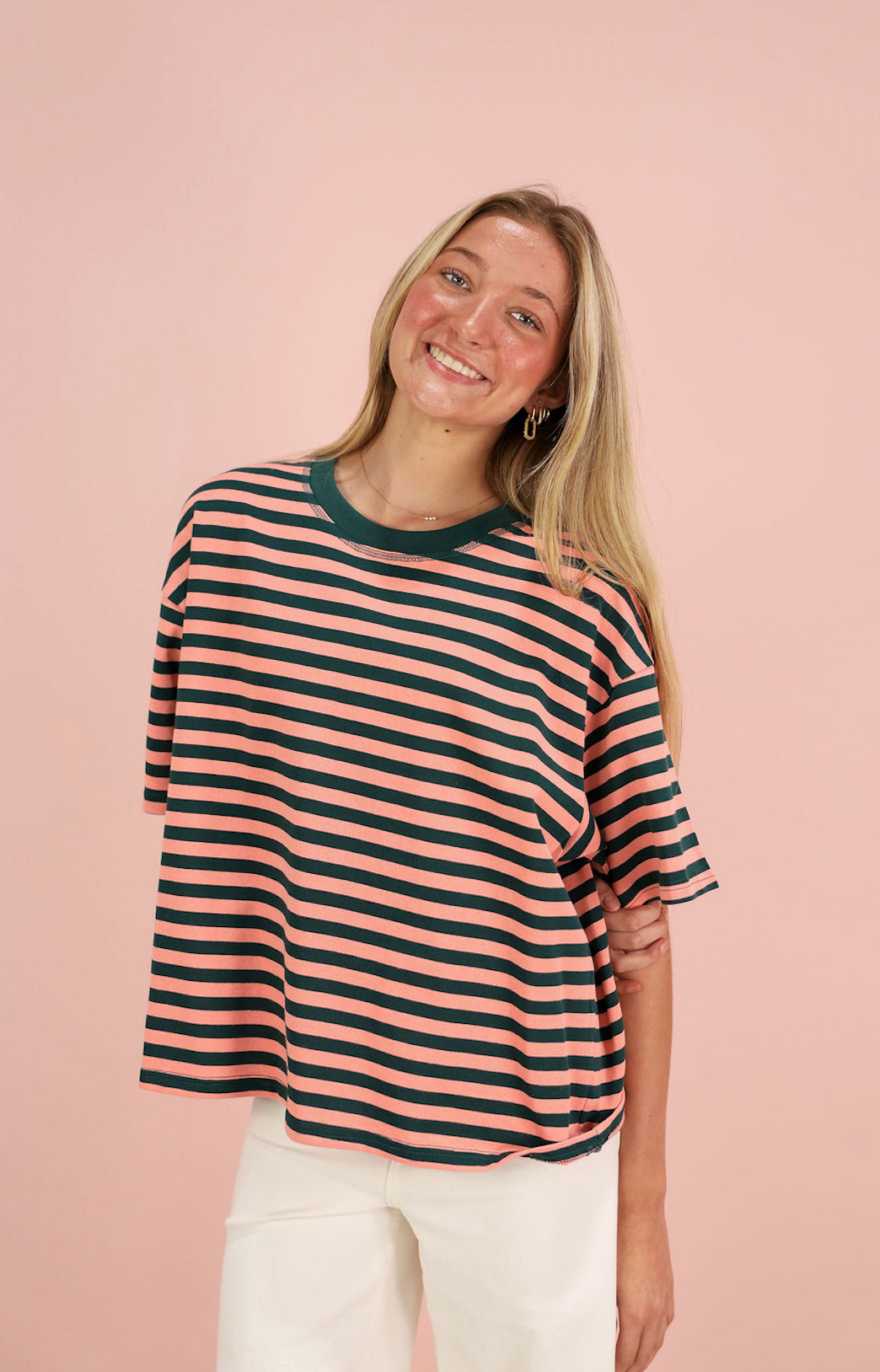 Short Sleeve Stripe T-shirt Green/Pink