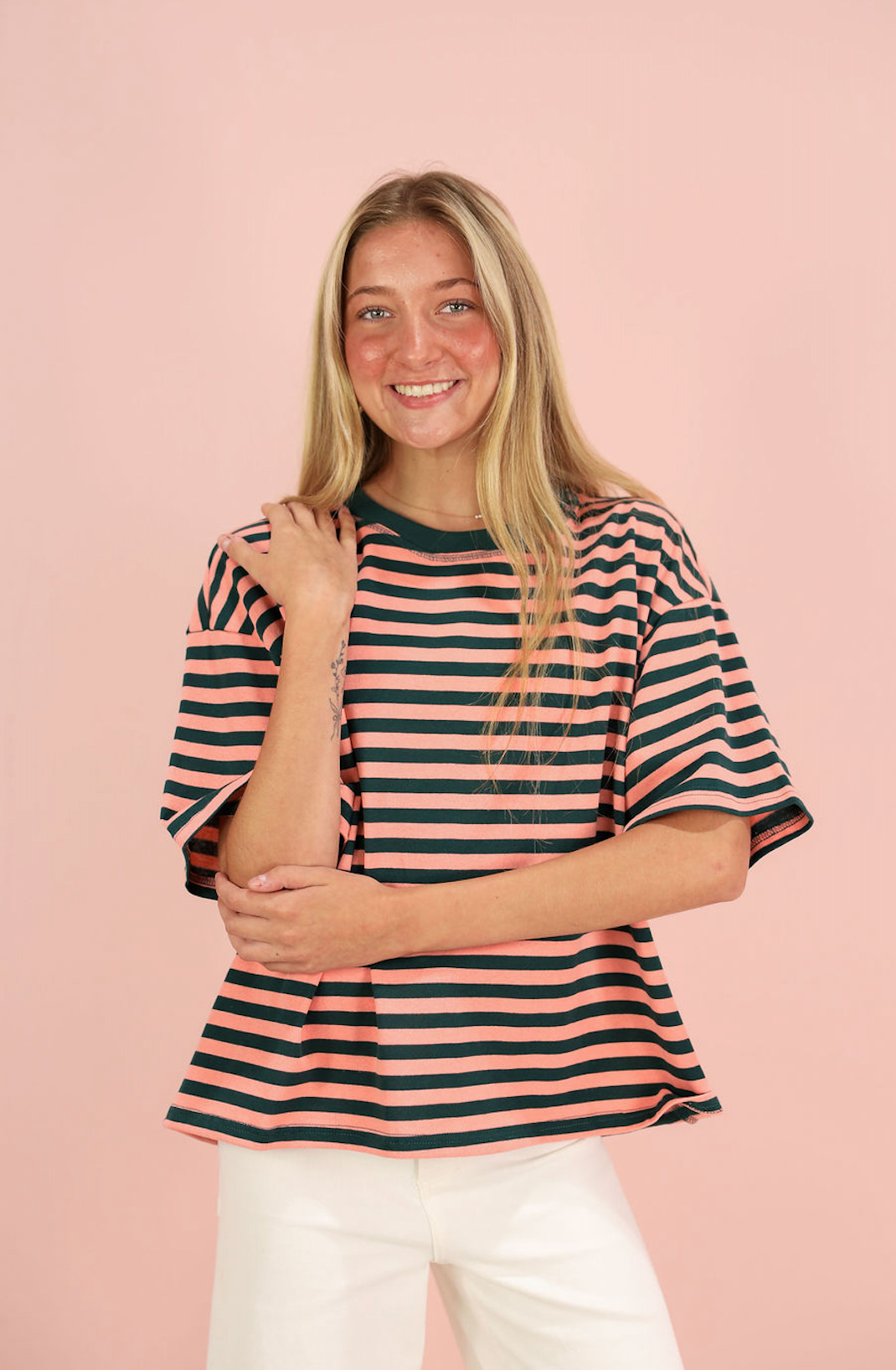 Short Sleeve Stripe T-shirt Green/Pink