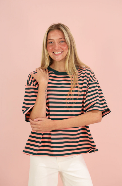 Short Sleeve Stripe T-shirt Green/Pink
