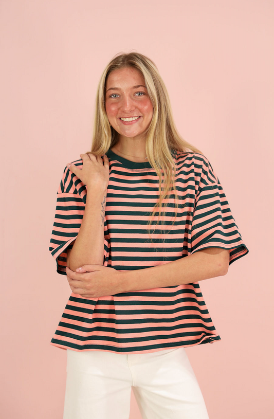 Short Sleeve Stripe T-shirt Green/Pink