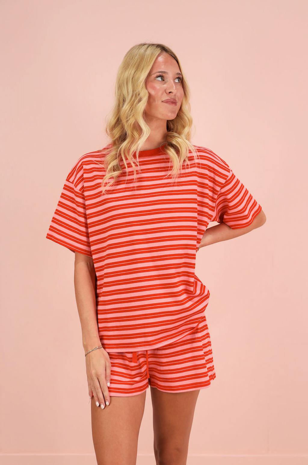 Double Striped Drawstring Shorts Red/Pink