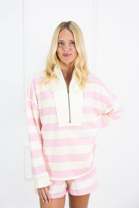 Striped Half Zip & Shorts Set of 2 Pink/Cream