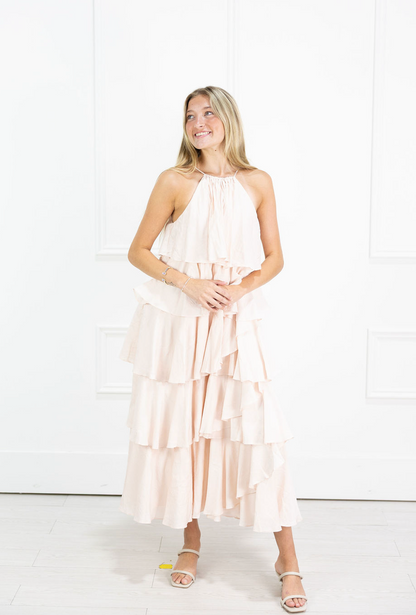 Pink Tiered Ruffle Midi Dress