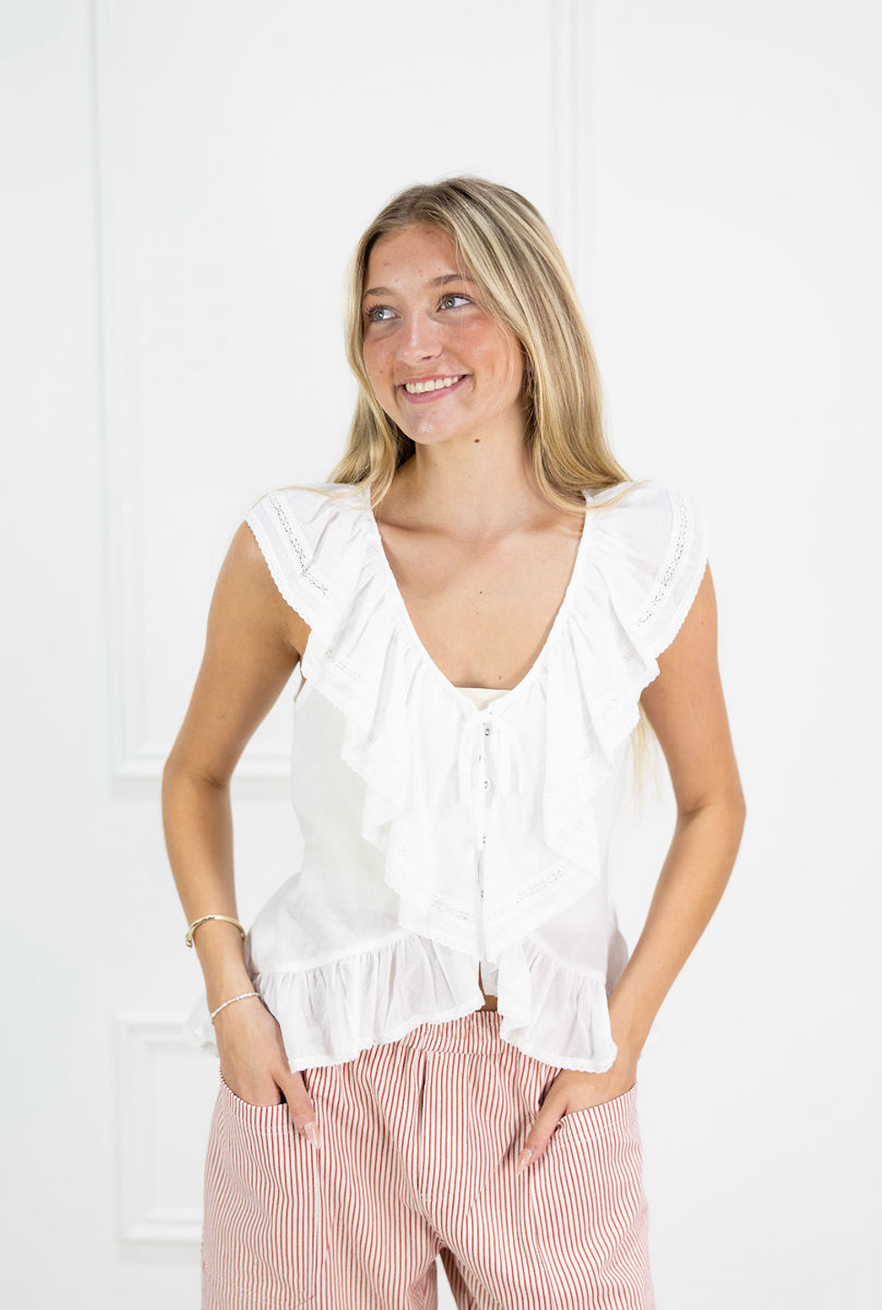White Cascading Ruffle Top