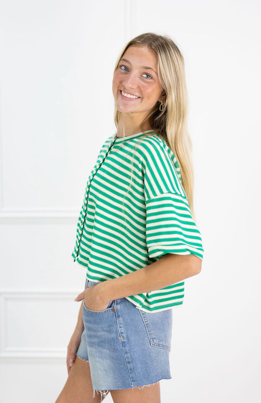Striped Button Down Top Green