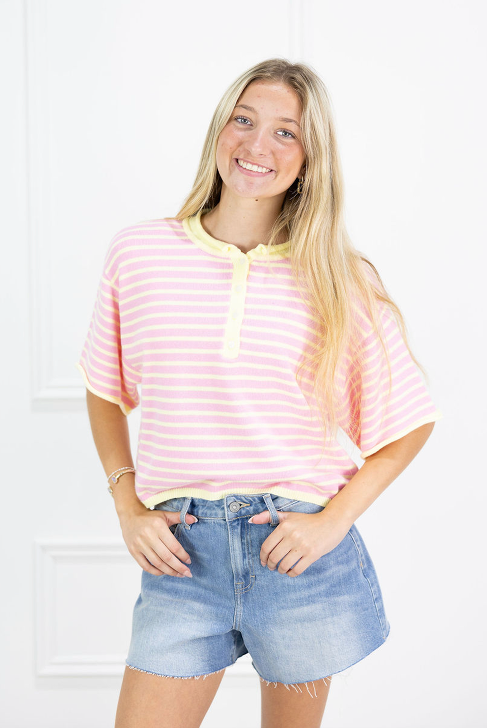 Striped Henley Knit Top Pink