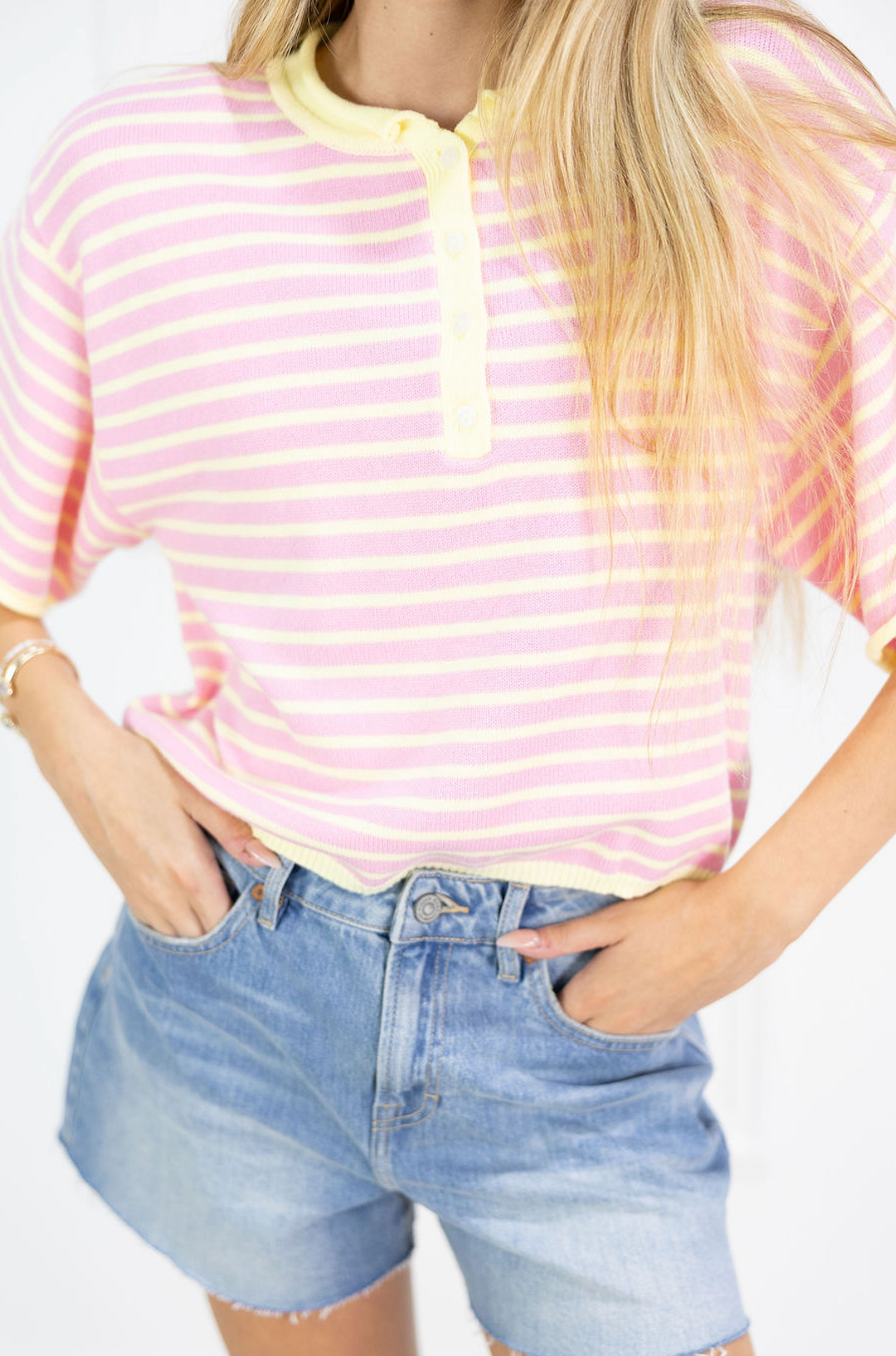 Striped Henley Knit Top Pink