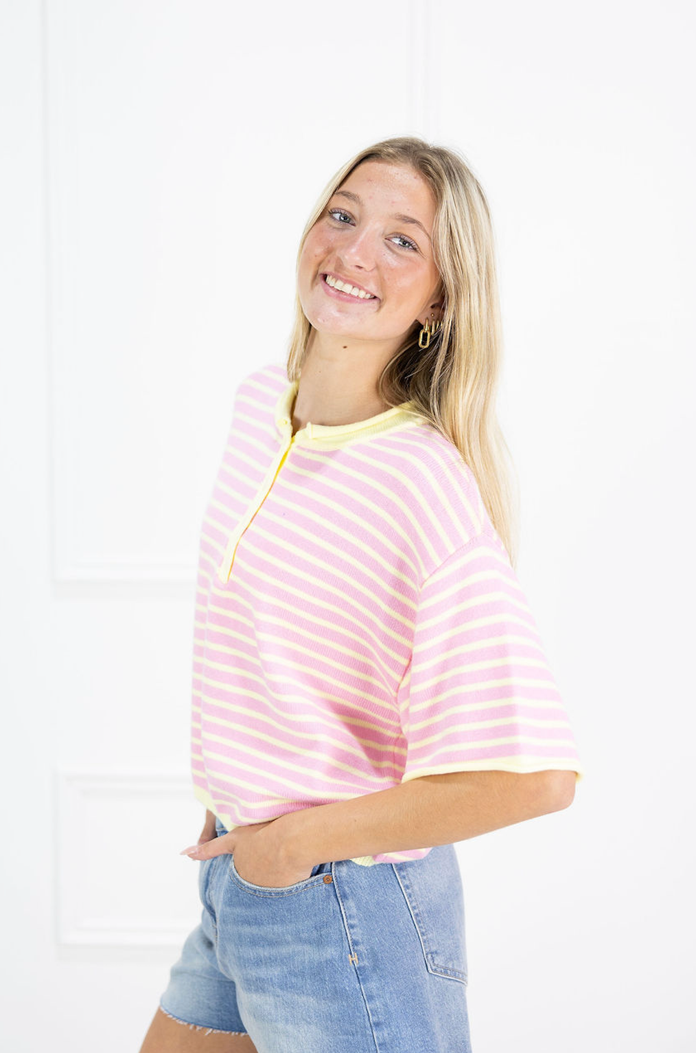 Striped Henley Knit Top Pink