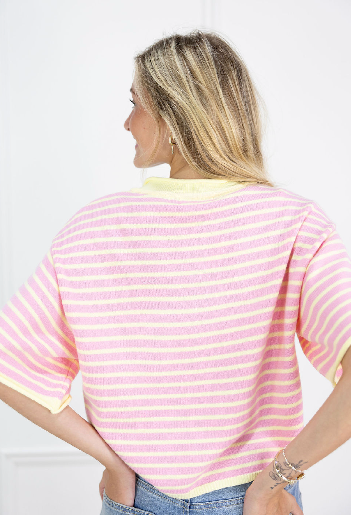 Striped Henley Knit Top Pink