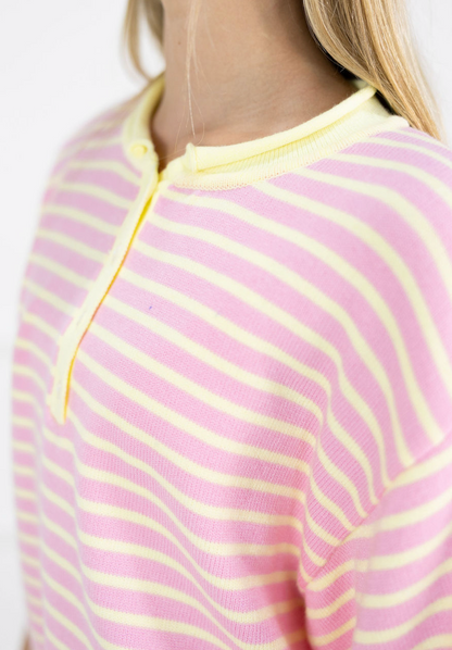 Striped Henley Knit Top Pink