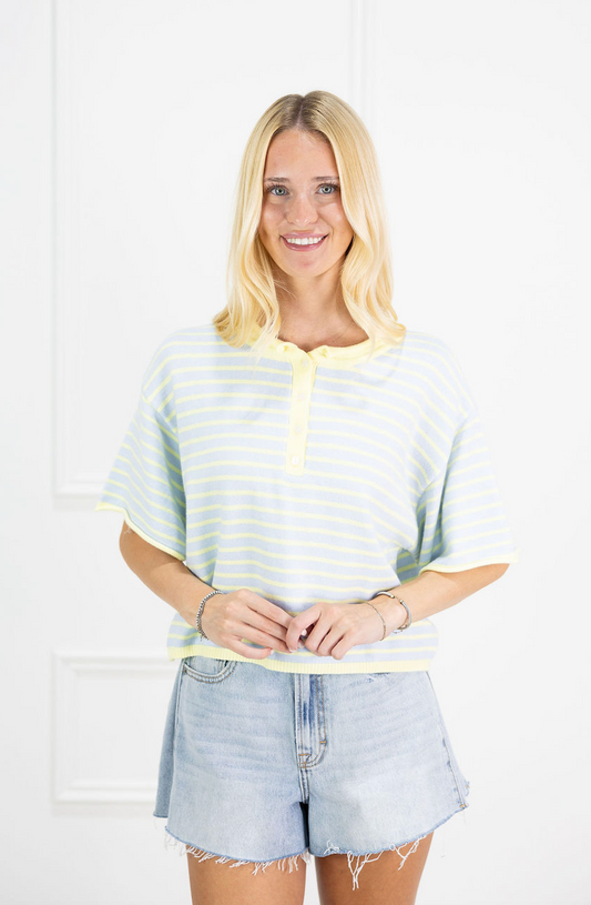 Striped Henley Knit Top Sky