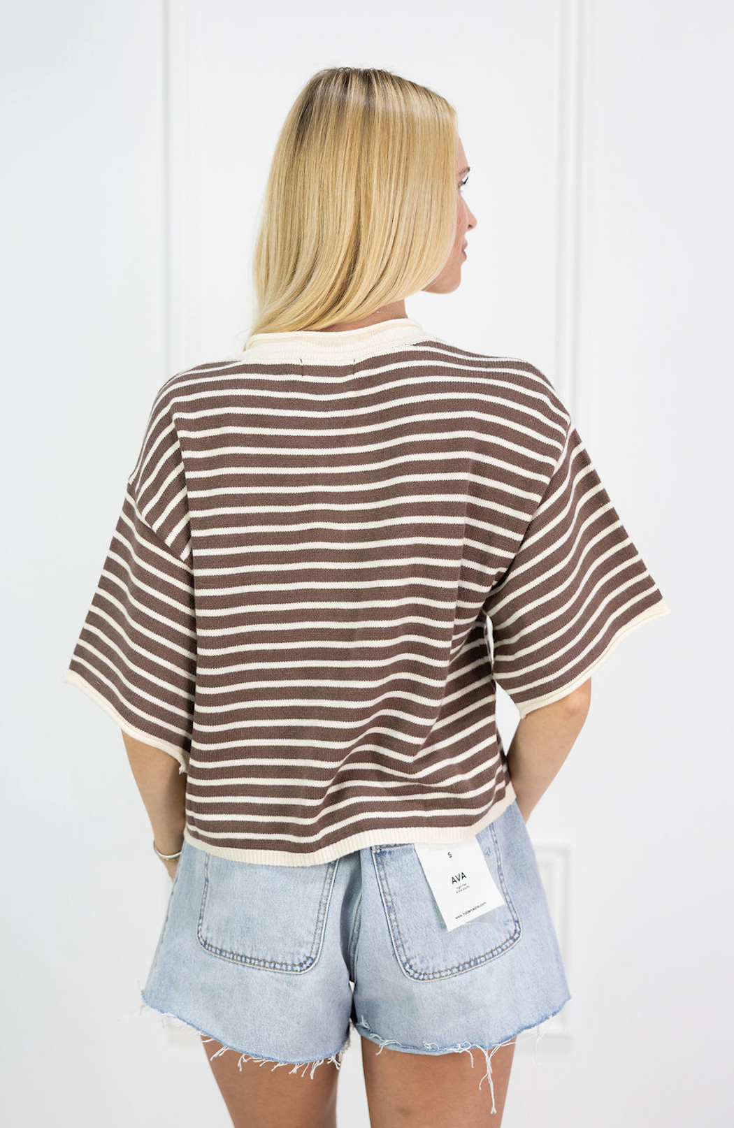Striped Henley Knit Top Brown