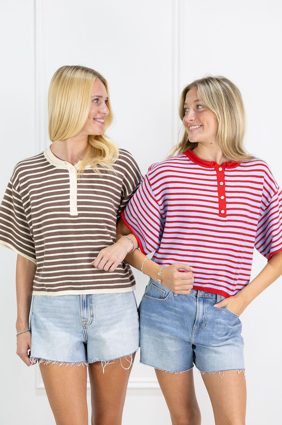 Striped Henley Knit Top Brown