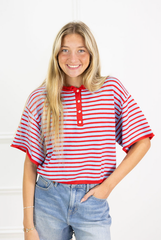 Striped Henley Knit Top Red
